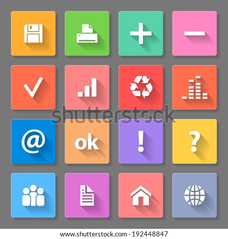 Set of colorful square flat icons with long shadows for web design and apps