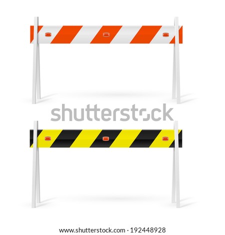 Two road barriers of different colors on white background