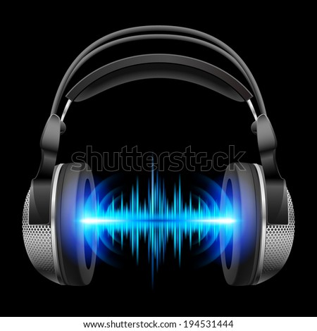 Headphones with blue sound waves. Illustration on black background 