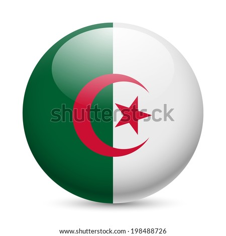 Flag of Algeria as round glossy icon. Button with Algerian flag