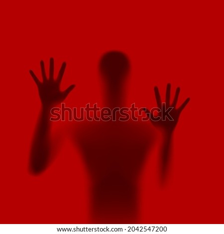 Shadow Blur of Horror Man Behind the Matte Glass. Blurry Hand, Body Figure Abstraction, and Two Palms. The Reflection of the Silhouette Through the Light. Illustration on Red Backdrop