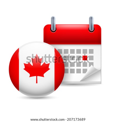 Calendar and round Canadian flag icon. National holiday in Canada