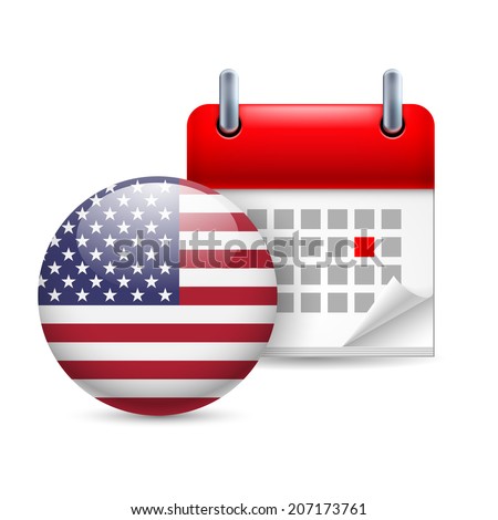 Calendar and round American flag icon. National holiday in USA