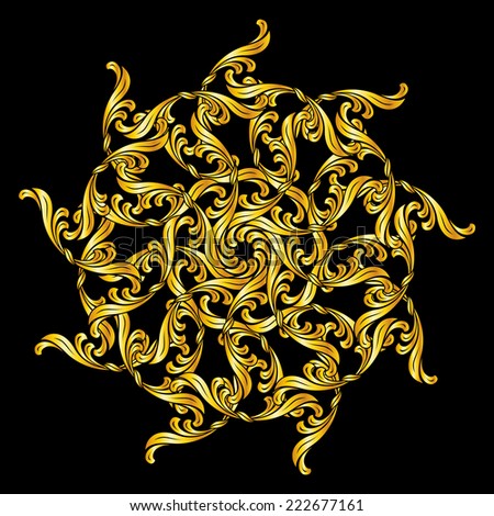 Raster version. Ornate design element in floral style and golden shades. Illustration on black background