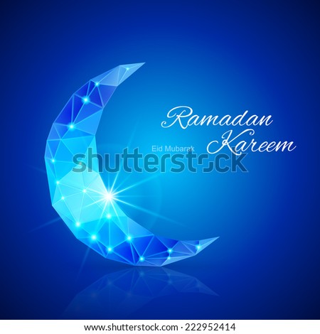 Raster version. Ornate crescent Moon with bright flare and radiance in brilliant blue shades. Greeting card of holy Muslim month Ramadan