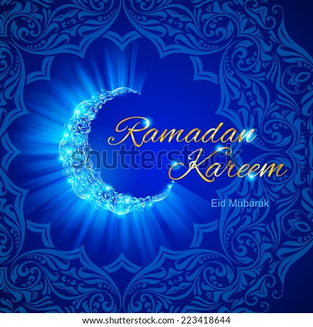Raster version. Glowing ornate crescent with intricate floral pattern in blue shades. Greeting card of holy Muslim month Ramadan