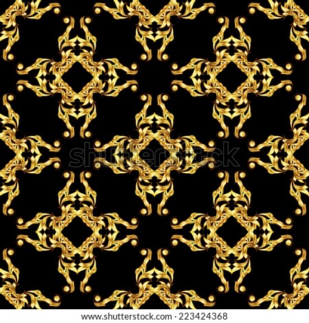 Raster version. Seamless floral pattern in golden shades on black background. Ornament in Asian style