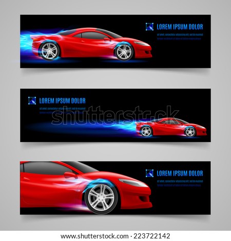 Raster version. Set of banners with racing car in blue flame