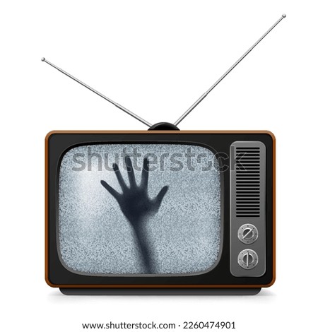 Hand of a Ghost on the Screen Retro TV with Noise. Illustration for Design on White Background