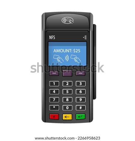 Bank Terminal for Payment Purchases in Store. Top View of a POS Payment Terminal on White Background