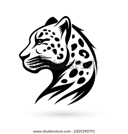 A stylized dark leopard head design on a white background, in the style of a tattoo-inspired illustration