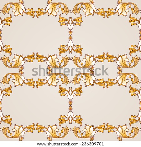 Raster version. Seamless pattern with floral elements in golden shades on pastel rose pink background