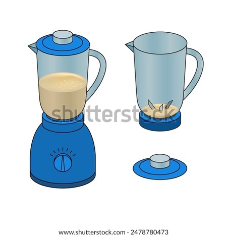 Blender in use - illustration showing a blender filled with liquid on the left, and an empty blender with the lid off on the right.