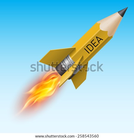 Creative design concept with yellow pencil as flying rocket