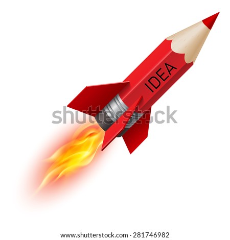 Creative design concept with red pencil as flying rocket on white background 