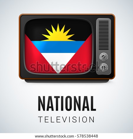 Vintage TV and Flag of Antigua and Barbuda as Symbol National Television. Tele Receiver with flag design