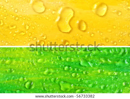 Set of yellow and green painted backgrounds with water drops (acrylic paint, visible brush strokes)