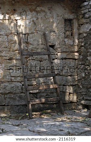Wooden ladder leaning against a stone wall