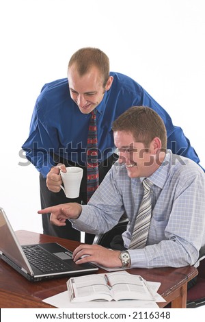 Two businessmen laughing on the desk over white