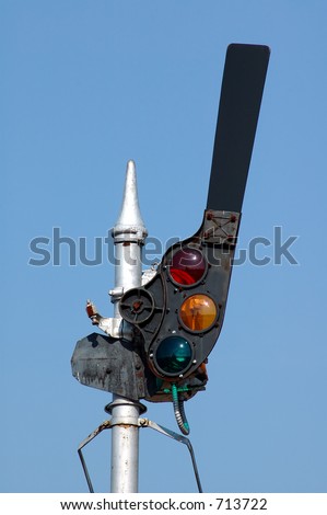 An old style railroad signal with semaphore arm