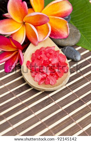 Frangipani Flower, zen stone and crystal salt on bamboo mat(Spa Concept)