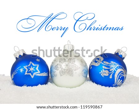 Christmas blue baubles on snow background, New Year holiday photo & text