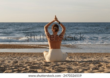 Similar – Image, Stock Photo Rear view of topless beautiful woman wearing nothing but straw sun hat realaxing on wild coast of Adriatic sea on a beach in shade of pine tree. Relaxed healthy lifestyle concept.