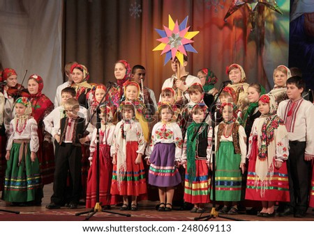 LUTSK, UKRAINE- JANUARY 23: Children choir performs in the theater at a charity concert to raise funds for orphans on January 23, 2015 in Lutsk, Ukraine.