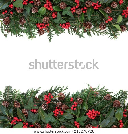 Winter and christmas floral background border with holly, ivy, mistletoe, spruce fir and pine cones over white.