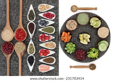 Large diet and weight loss super food selection in bowls and spoons on marble over white background.