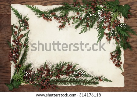 Abstract background border with silver ball decorations, cedar cypress and fir on parchment paper over old oak wood.
