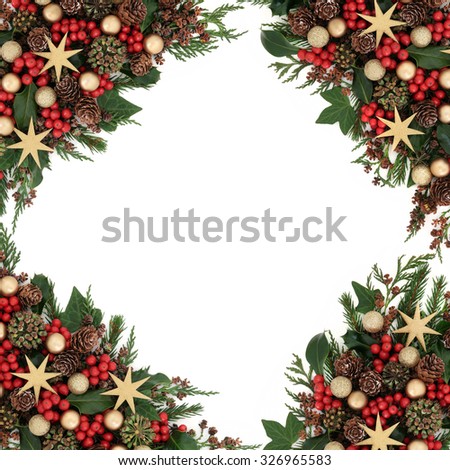 Christmas background border with star and gold bauble decorations, holly, mistletoe, ivy and winter greenery over white.