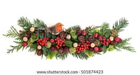 Christmas Flora With Red And Gold Bauble And Robin Decorations
