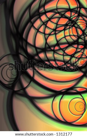 Abstract design of black swirls with orange, yellow,pink and green colors.