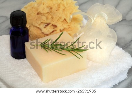 Natural beauty cleansing products against grey marble background.