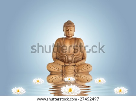 Buddha in meditation and lotus lily flowers with reflection over rippled water, set against a blue background with white central glow.