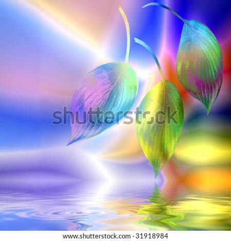 Three hosta leaves in fantasy abstract design with reflection over rippled water against multicolored background.