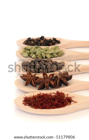 Saffron, star anise, allspice berries, cardamom pods and cloves in wooden cooking spoons, isolated over white background. Focus on the saffron.