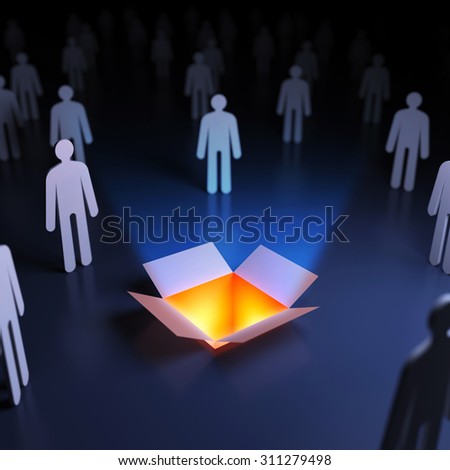People around the open box. Abstract innovation. 3d render illustration