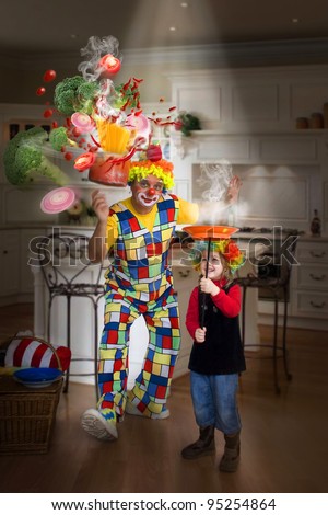 Magic in the kitchen. Funny clown and little girl make magic trick.