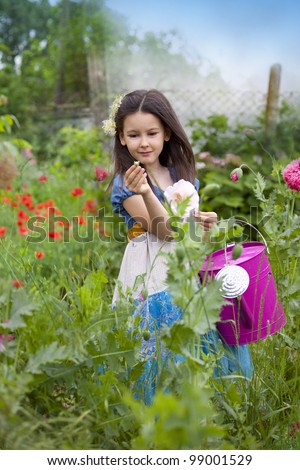 Sweet little girl in a country yard with blossom poppies