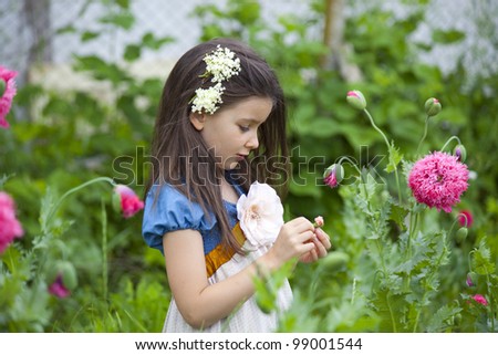 Sweet little girl in a country yard with blossom poppies