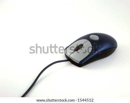 An isolated blue mouse with a scroll wheel and black cord