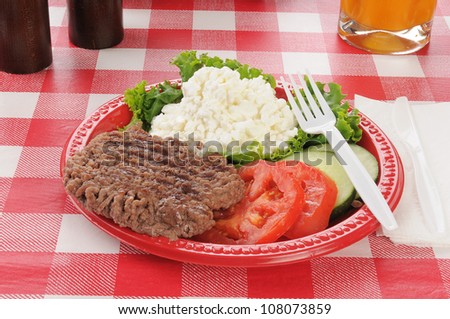 A grilled hamburger patty on a picnic table with fresh tomato and cucumber