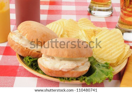 A plate of chicken sandwiches with Monterrey Jack cheese and beer