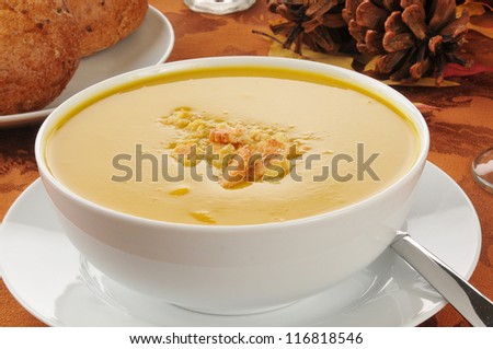 Closeup of a bowl of butternut squash soup