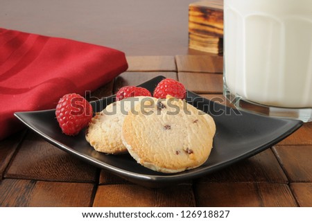 A plate of shortbread cookies with raspberries and a glass of milk