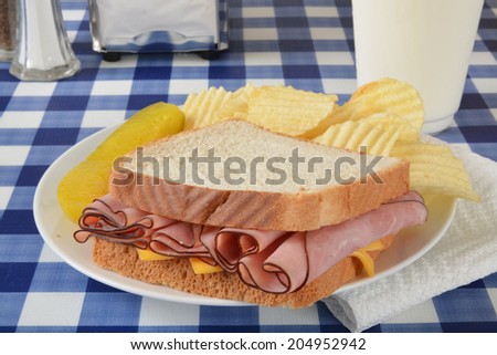 Ham and cheese sandwich on a picnic table with potato chips