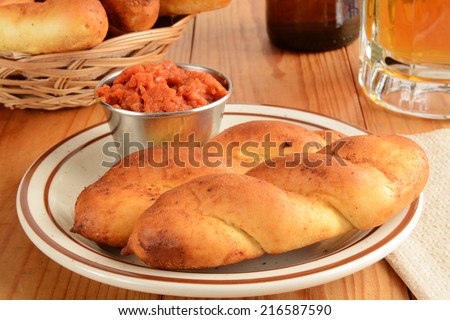 Garlic bread twists stuffed with mozzarella cheese, with beer