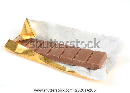 A chocolate bar in an opened wrapper on a white background